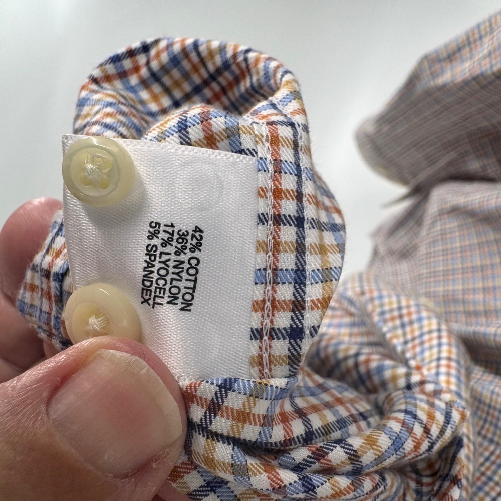 Peter Millar Mens Large Plaid Button Down Shirt Blue Orange Stretch Performance - Picture 7 of 10